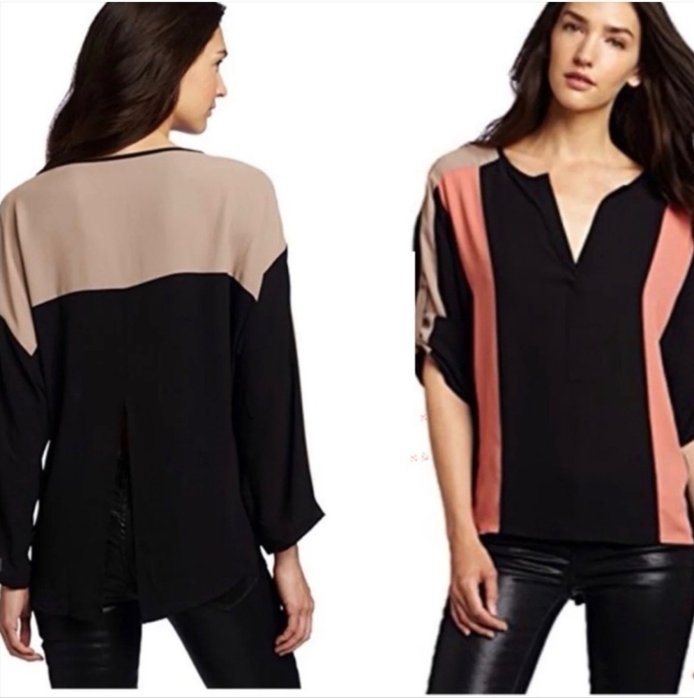 BCBGMaxAzria Black and Tan Colorblock Blouse